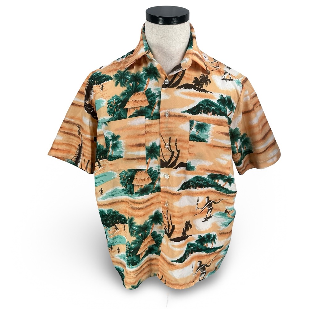 Van Cort Mens Orange Tropical Island Hawaiian Shirt Vintage Short Sleeve Medium